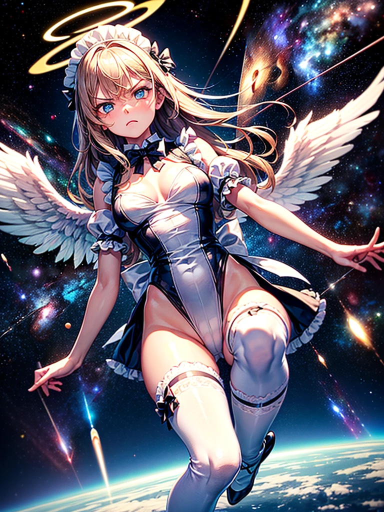 Highest quality,Highest Resolution,Beautiful girl with angry face in maid leotard,Frills,High leg,(((Floating in the air))),Halo,(((universe space))),Milky Way,meteor,Very beautiful eyes,(((White angel wings on the back))),whole body,long hair,(((Shoot a bow))),Knee-high stockings,Floating in the air,