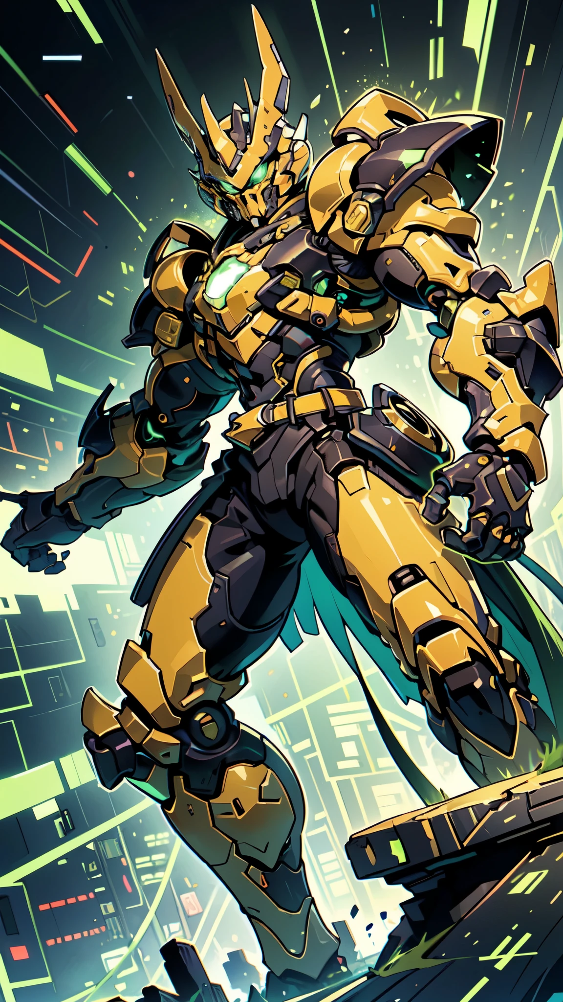 (masterpiece:1.5, best quality:1.5, extremely delicate:1.5, foreshortening:1.5, dynamic angle:1.5), a man wearing a full-face helmet, a fantasy-style biotech armored combat suit, green eyes, (a composite layered chest armor), fully enclosed shoulder guards, matching arm and leg guards, the belt is adorned with neon circuitry, (the color scheme is primarily black with green white accents), the design balances heavy with agility, a high-tech bio-mecha armor, (Armor Concept Inspired by neon Cyberpunk, stand on the top of a skyscraper in a futuristic sci-fi city), this character embodies a finely crafted fantasy-surreal style armored hero in anime style, exquisite and mature manga art style, (element, plasma, energy, the armor glows), ((male:1.5)), metallic, high definition, highres, ultra-detailed, ultra-fine painting, professional, perfect body proportions, golden ratio, anatomically correct, symmetrical face, extremely detailed eyes and face, high quality eyes, creativity, RAW photo, UHD, 32k, Natural light, cinematic lighting, masterpiece-anatomy-perfect