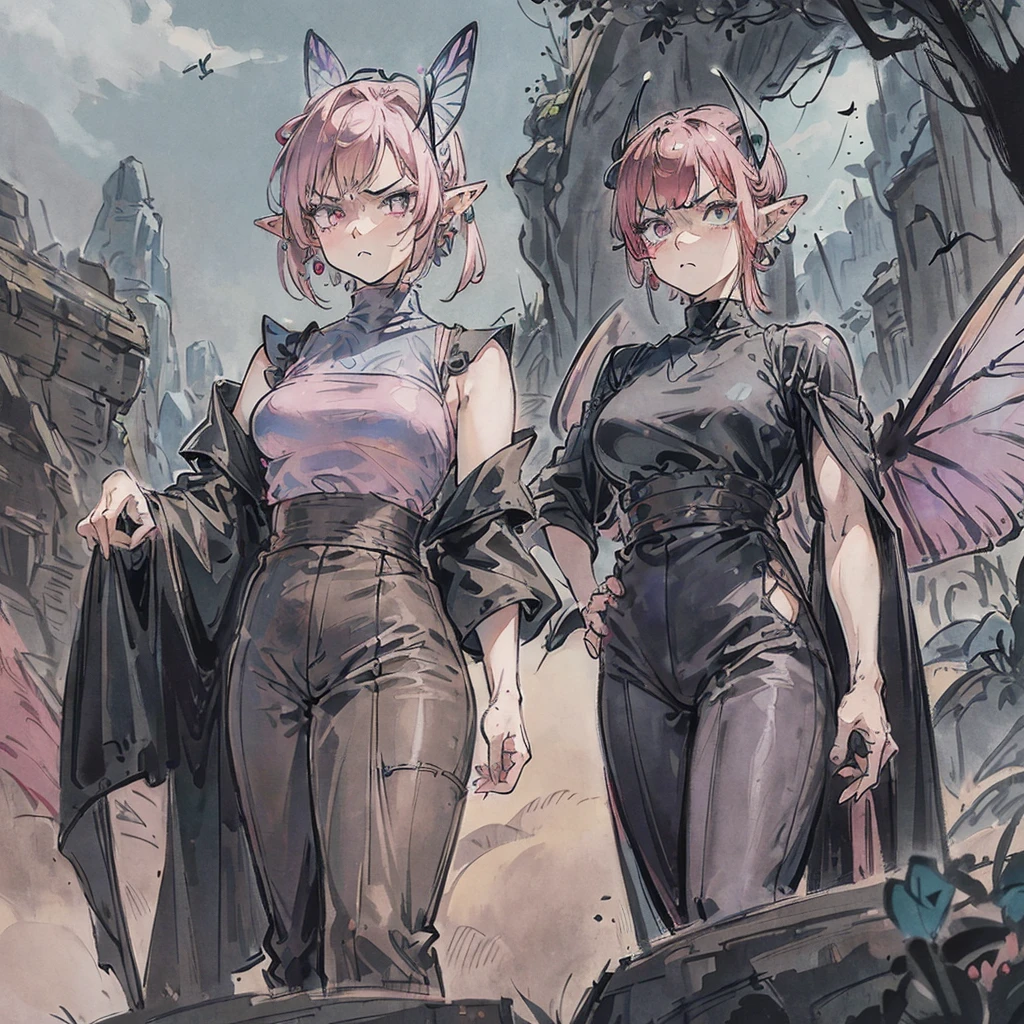 ((high definition)), (from the waist up), tiny pixie, short hair, dim pink hair color, big eyes, grey irises, ((very pointy ears)), (butterfly wings), (insect antennae), black turtleneck with shoulder cut-outs, grey shorts, knee-high brown boots, ((grumpy expression))