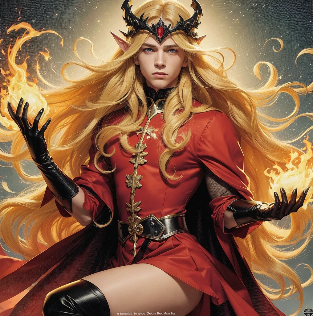 American classic comic book art: handsome ethereal young man delicate, long yellow blonde hair with waves, elf ears, red outfit dress demon, black gloves, sorcerer red tiara on forehead, beautiful thighs, blue eyes, very young face boy, red mini skirt, emanating fire, black nails, black stockings, ethereal male body, medieval, ethereal mystic boy, classic comic book