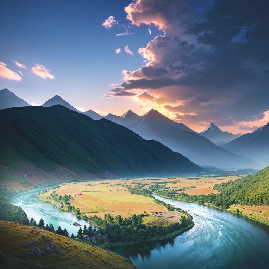 there are two photos of a mountain and a river in the same photo, scenery art, anime landscape, digital landscape art, little detailed. digitalpainting, detailed scenery - width 672, scenery art detalhada, style of makoto shinkai, anime rural landscape, digitalpainting 4k, painted in anime painter studio, digitalpainting highly detailed