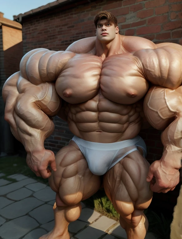 1boy, giant, alone, giant bodybuilder, golden hour, strong body, bulk, large size, standing, hands on hip, on the brick wall, outdoor, nude, white triangular underwear, prominent bulge, extraordinary big, brutalmass, giant, muscular body, bulk, buff, massive body, large meaty body size, extremely wide body