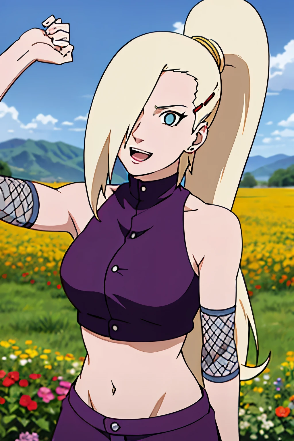 (uppercut, punch), Ino yamanaka, looking at the viewer, gorgeous, attractive, groin, cowboy shot, ultra detailed face, sunny day, day time, upper body view, anime style, solo, detailed flower field, blonde, (focus on face), ((one eye covered with hair, hair over eye, ponytail)), medium breasts, belly button, looking at the viewer, thick arms, (off-shoulders, wide shoulders, curving body), hidden eye, smile, open mouth, very happy, tall, hair clip, sharp look, sharp face, sharp eye, cold colors,
