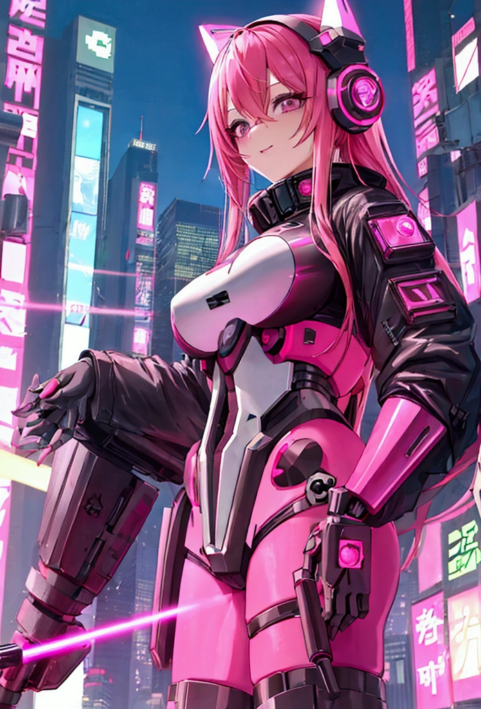 Anime girl with pink hair and a futuristic helmet with lasers, Cyberpunk art inspired by Yanjun Chen, pixiv Contest Winner, Digital Art, Cyberpunk Anime Girl mech, digital Cyberpunk anime art, anime cyberpunk art, Digital Cyberpunk - Anime Art, Cyberpunk Anime Girl, Cyberpunk anime art, female Cyberpunk Anime Girl, Cyberpunk art style, cute Cyborg Girl, Cyborg Girl