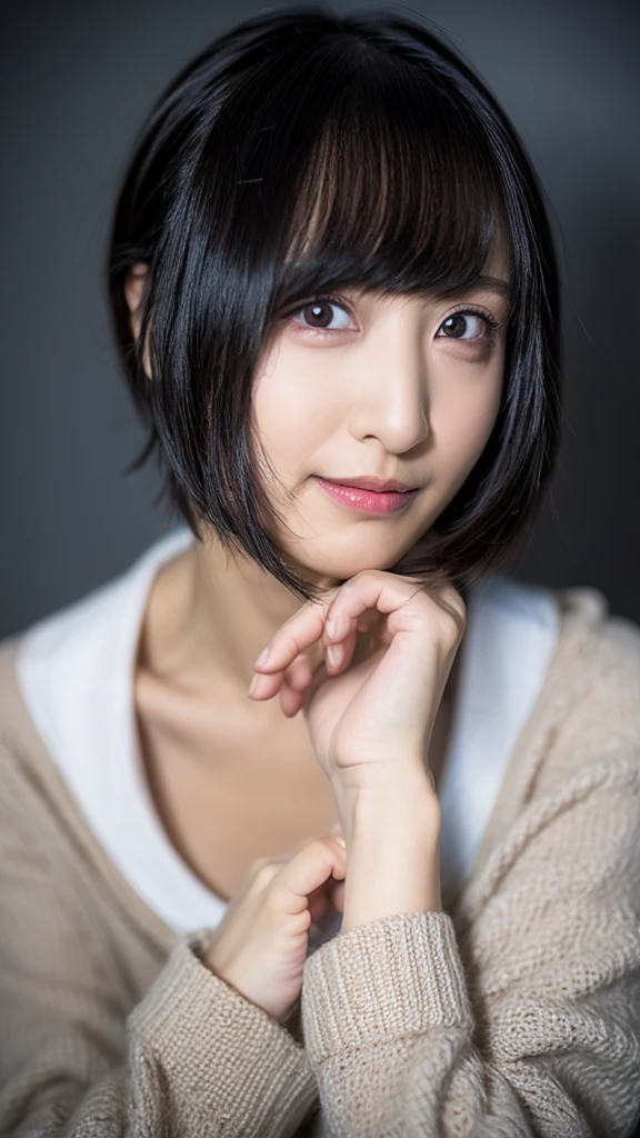 20-year-old, 8K, RAW Portrait (Japanese Girls), photo Realistic, Ultra-high resolution, Highest quality, Actual photo , dramatic, Atmospheric, Realistic,
One girl, a very beautiful Japanese Girls, Glamorous shot of a girl, smile,Short Bob Cut,Textured skin, , lips,Big and beautiful eyes, , Beautifully detailed nose, sweater,Big Breasts,View your viewers,