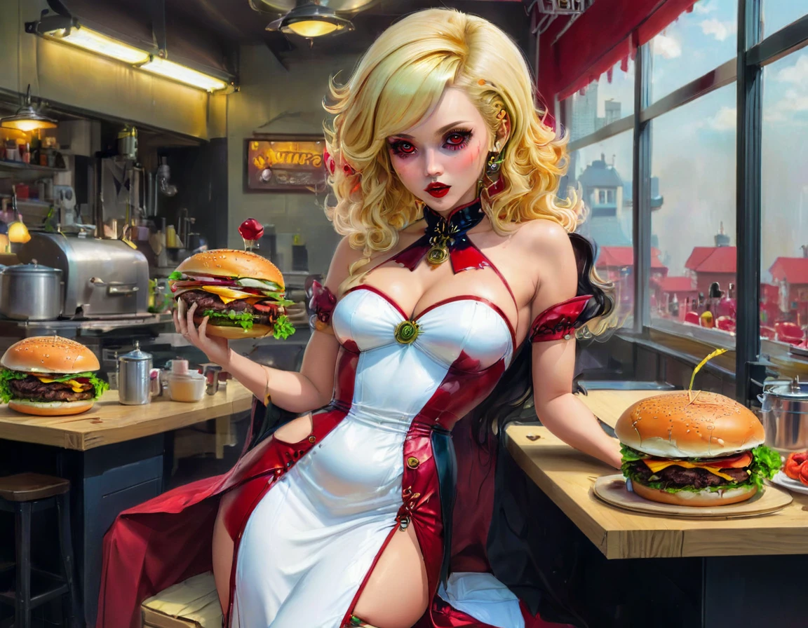 a 3D digital painting picture of extremely (beautiful female vanpire:1.3) ((serving a big juicy raw hamburger: 1.3)) on a tray, dripping blood in a goth American diner, an exquisite beautiful female (vampire:1.3), (full body: 1.3) ultra feminine ultra detailed face, blond hair, short hair, red lips, red eyes, glowing eyes, wearing  glamour white seductive latex dress, serving a goth diner American kitchen background, full body dynamic angle, , award winning, best quality, high quality, high details, highres, vibrant, Ultra-high resolution, High Contrast, (masterpiece:1.5), highest quality, Best aesthetics, best details, best quality, highres, ultra wide angle, 16k, [ultra detailed], masterpiece, best quality, photorealistic, 3D rendering, Cinematic Hollywood Film, chumbasket art style