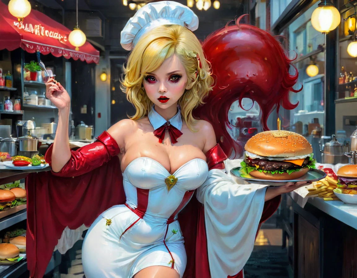 a 3D digital painting picture of extremely (beautiful female vanpire:1.3) ((serving a big juicy raw hamburger: 1.3)) on a tray, dripping blood in a goth American diner, an exquisite beautiful female (vampire:1.3), (full body: 1.3) ultra feminine ultra detailed face, blond hair, short hair, red lips, red eyes, glowing eyes, wearing  glamour white seductive latex dress, serving a goth diner American kitchen background, full body dynamic angle, , award winning, best quality, high quality, high details, highres, vibrant, Ultra-high resolution, High Contrast, (masterpiece:1.5), highest quality, Best aesthetics, best details, best quality, highres, ultra wide angle, 16k, [ultra detailed], masterpiece, best quality, photorealistic, 3D rendering, Cinematic Hollywood Film, chumbasket art style