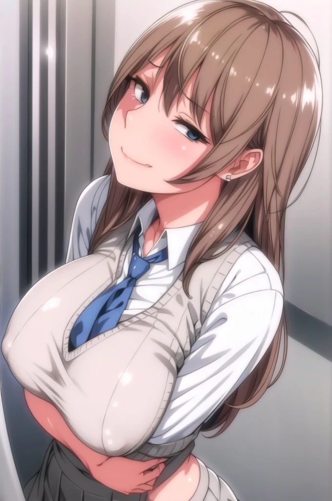 Simple White Background,
(Grey_vest:1.3),school_uniform,white_collared_shirt,sleeves_rolled_up,Blue_necktie,pleated skirt,
ear_piercing, earrings, jewelry,
light_brown_hair,Blue_Eyes,Bangs,long hair ,
1 girl, 20yo,Young female,Beautiful Finger,Beautiful long legs,Beautiful body,Beautiful Nose,Beautiful character design, perfect eyes, perfect face,expressive eyes,perfect balance,
looking at viewer,(Focus on her face),closed mouth, (innocent_big_eyes:1.0),(Light_Smile:0.3),
official art,extremely detailed CG unity 8k wallpaper, perfect lighting,Colorful, Bright_Front_face_Lighting,White skin,
(masterpiece:1.0),(best_quality:1.0), ultra high res,4K,ultra-detailed,
photography, 8K, HDR, highres, absurdres:1.2, Kodak portra 400, film grain, blurry background, bokeh:1.2, lens flare, (vibrant_color:1.2),professional photograph,
(Beautiful,large_Breasts:1.4), (beautiful_face:1.5),(narrow_waist),