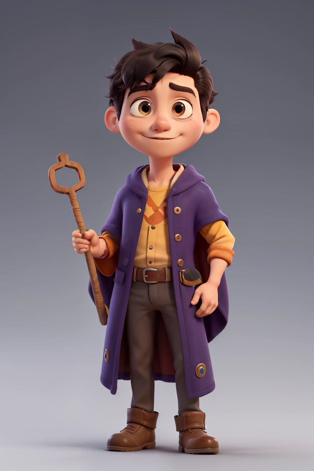 Portrait of Jaco standing with his feet together, Bblack hair, eyes browns, wearing a tunic and a cloak, holding a staff."3d pixar style