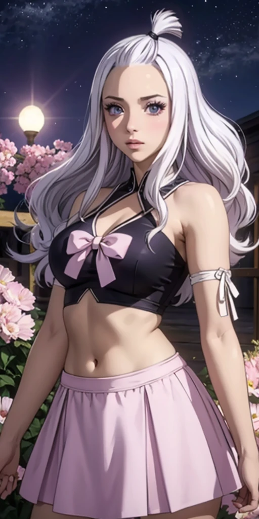 realistic, 1 girl, White hair, purple eyes, Brilliant eyes, crop top, skirt, parted lips, blush, night, flowers, Sun, Sunlight,