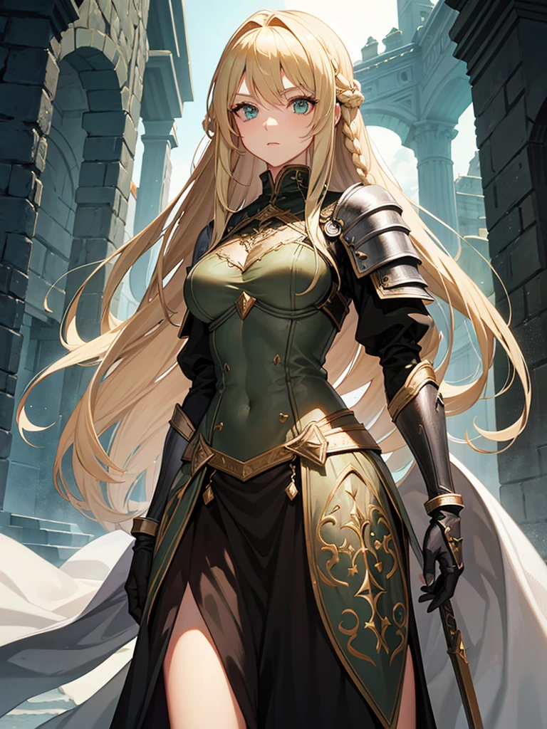 A woman with long blonde hair they would have braided, she would have dark souls style knight armor. Green eyes.