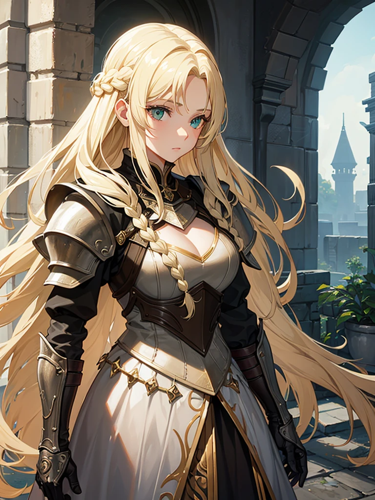 A woman with long blonde hair they would have braided, she would have dark souls style knight armor. Green eyes.