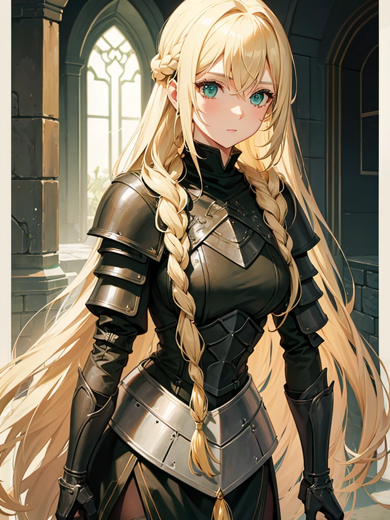 A woman with long blonde hair they would have braided, she would have dark souls style knight armor. Green eyes.
