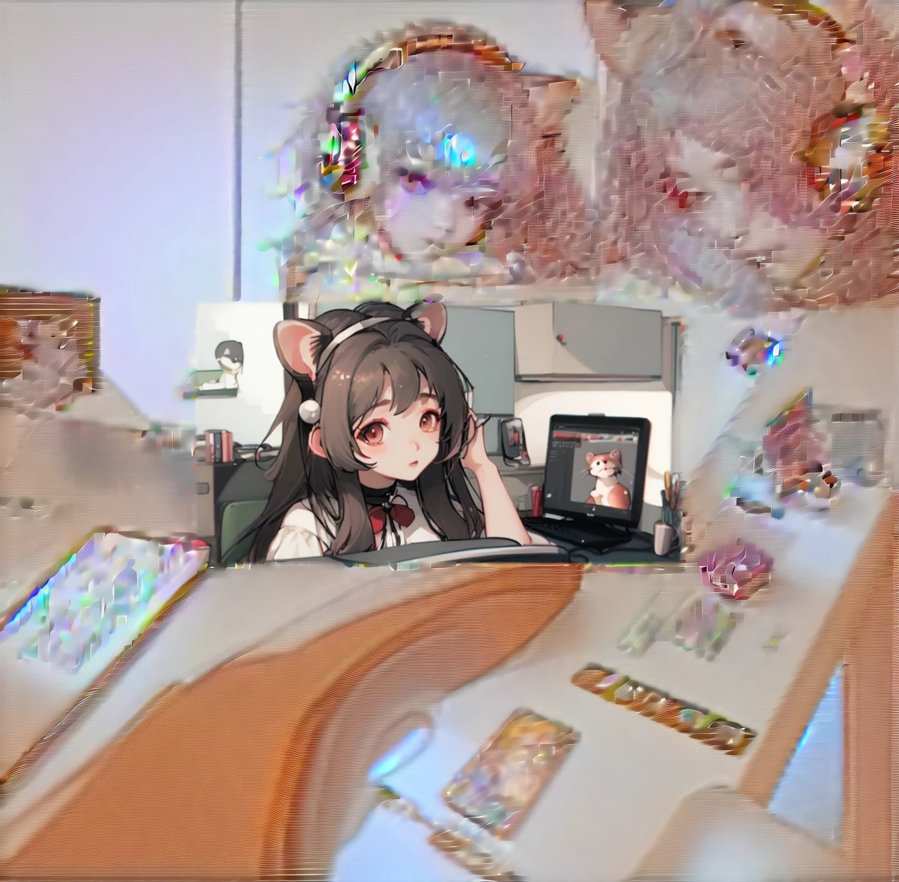 Anime girl wearing headphones sitting at the table playing games, Caramel ferret sleeping next to