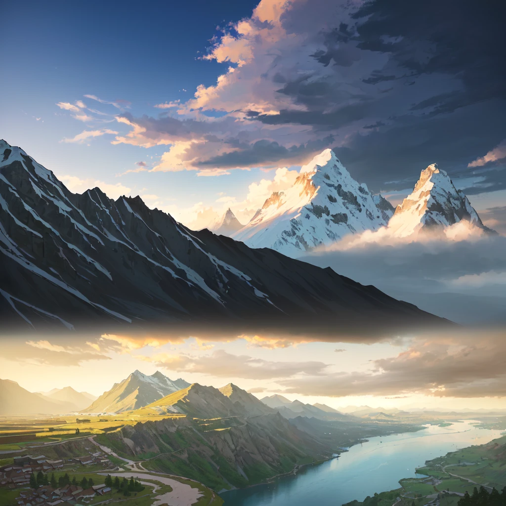there are two photos of a mountain and a river in the same photo, scenery art, anime landscape, digital landscape art, little detailed. digitalpainting, detailed scenery - width 672, scenery art detalhada, style of makoto shinkai, anime rural landscape, digitalpainting 4k, painted in anime painter studio, digitalpainting highly detailed