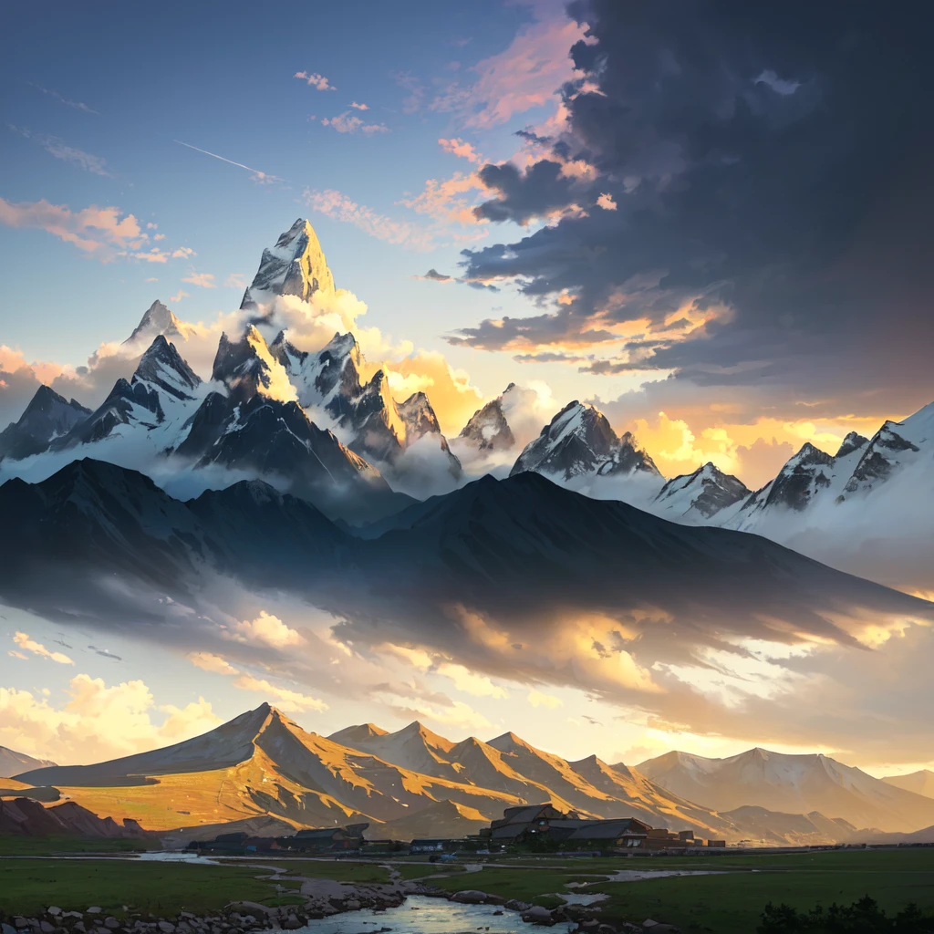 there are two photos of a mountain and a river in the same photo, scenery art, anime landscape, digital landscape art, little detailed. digitalpainting, detailed scenery - width 672, scenery art detalhada, style of makoto shinkai, anime rural landscape, digitalpainting 4k, painted in anime painter studio, digitalpainting highly detailed