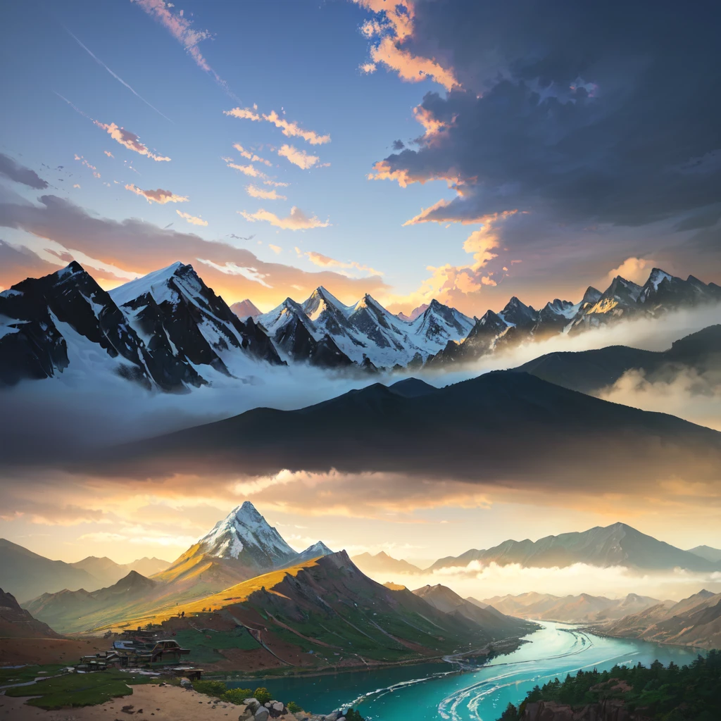 there are two photos of a mountain and a river in the same photo, scenery art, anime landscape, digital landscape art, little detailed. digitalpainting, detailed scenery - width 672, scenery art detalhada, style of makoto shinkai, anime rural landscape, digitalpainting 4k, painted in anime painter studio, digitalpainting highly detailed