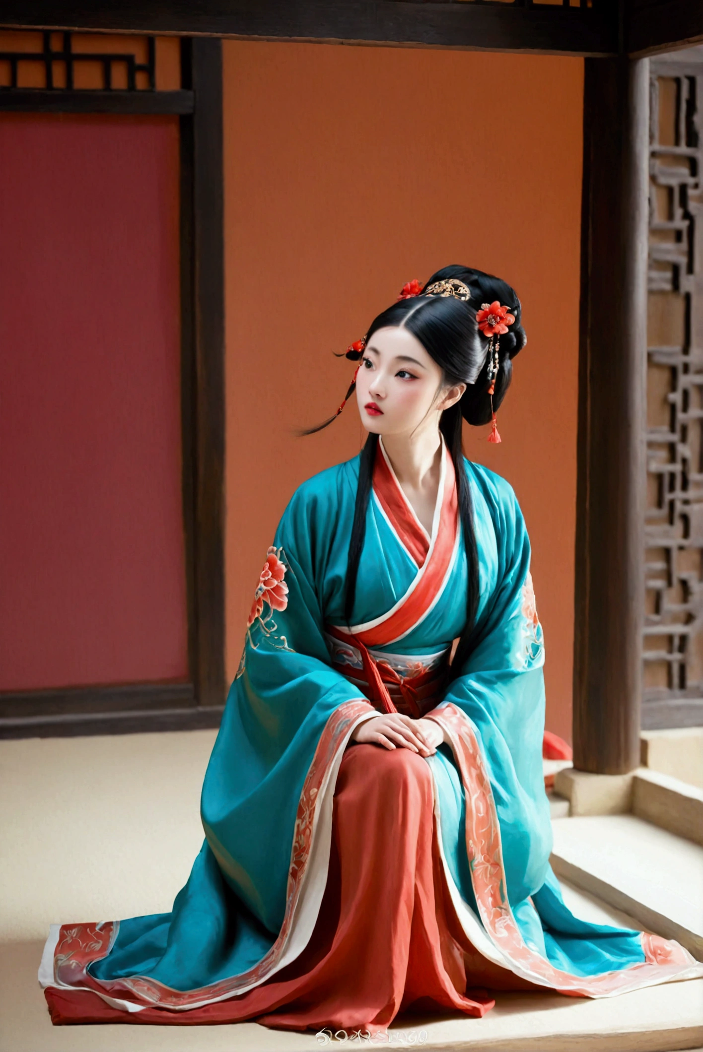 A Tang Dynasty girl,wearing a red Hanfu,Chinese traditional clothing,Big fat round face,Tang Dynasty hair style,Black hair,Q version,Pouting,Red lips,Short stature,Elegant posture,Squatting in a daze,Look to the right,Side view,More lovely,Chinese style,8K,high resolution,High Detail,