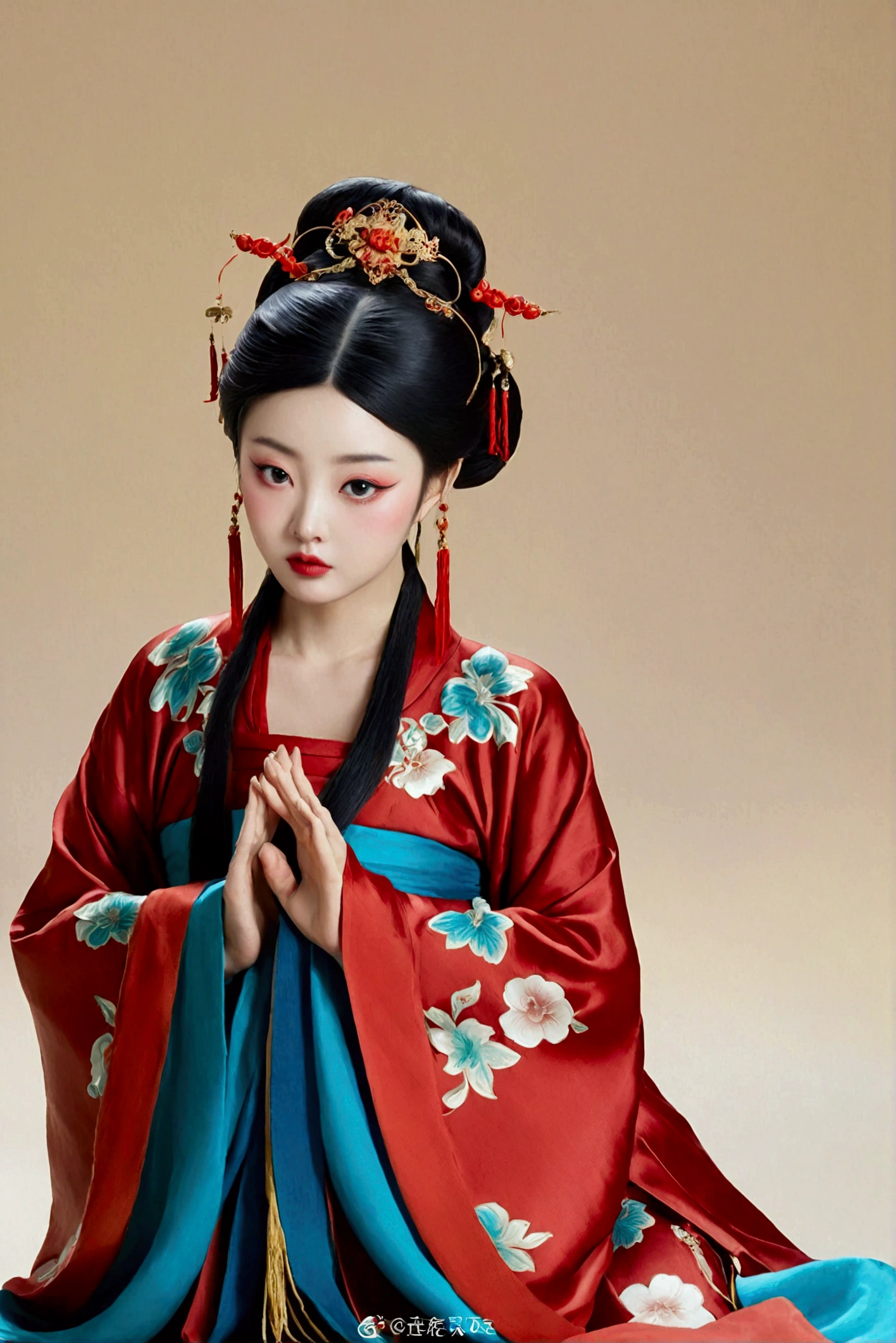 A Tang Dynasty girl，wearing a red Hanfu，Chinese traditional clothing，Big fat round face，Tang Dynasty hair style，Black hair，Q version，Pouting，Red lips，Short stature，Elegant posture，Squatting in a daze，Look to the right，Side view，More lovely，Chinese style，8K，high resolution，High Detail,