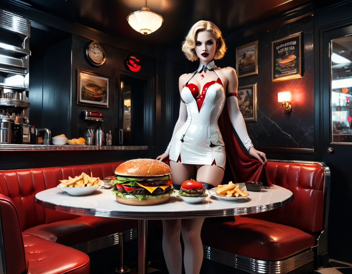 a 3D digital painting picture of extremely (beautiful female vanpire:1.3) ((serving a big juicy raw hamburger: 1.3)) on a tray, dripping blood in a goth American diner, an exquisite beautiful female (vampire:1.3), (full body: 1.3) ultra feminine ultra detailed face, blond hair, short hair, red lips, red eyes, glowing eyes, wearing  glamour white seductive latex dress, serving a goth diner American kitchen background, full body dynamic angle, , award winning, best quality, high quality, high details, highres, vibrant, Ultra-high resolution, High Contrast, (masterpiece:1.5), highest quality, Best aesthetics, best details, best quality, highres, ultra wide angle, 16k, [ultra detailed], masterpiece, best quality, photorealistic, 3D rendering, Cinematic Hollywood Film,