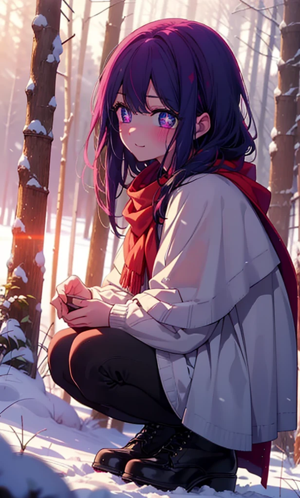 aihoshino, Ai Hoshino, Long Hair, bangs, (Purple eyes:1.1), Purple Hair, (Symbol-shaped pupil:1.5), smile,,smile,blush,White Breath,
Open your mouth,snow,Ground bonfire, Outdoor, boots, snowing, From the side, wood, suitcase, Cape, Blurred, , forest, White handbag, nature,  Squat, Mouth closed, Cape, winter, Written boundary depth, Black shoes, red Cape break looking at viewer, Upper Body, whole body, break Outdoor, forest, nature, break (masterpiece:1.2), Highest quality, High resolution, unity 8k wallpaper, (shape:0.8), (Beautiful and beautiful eyes:1.6), Highly detailed face, Perfect lighting, Extremely detailed CG, (Perfect hands, Perfect ???????),