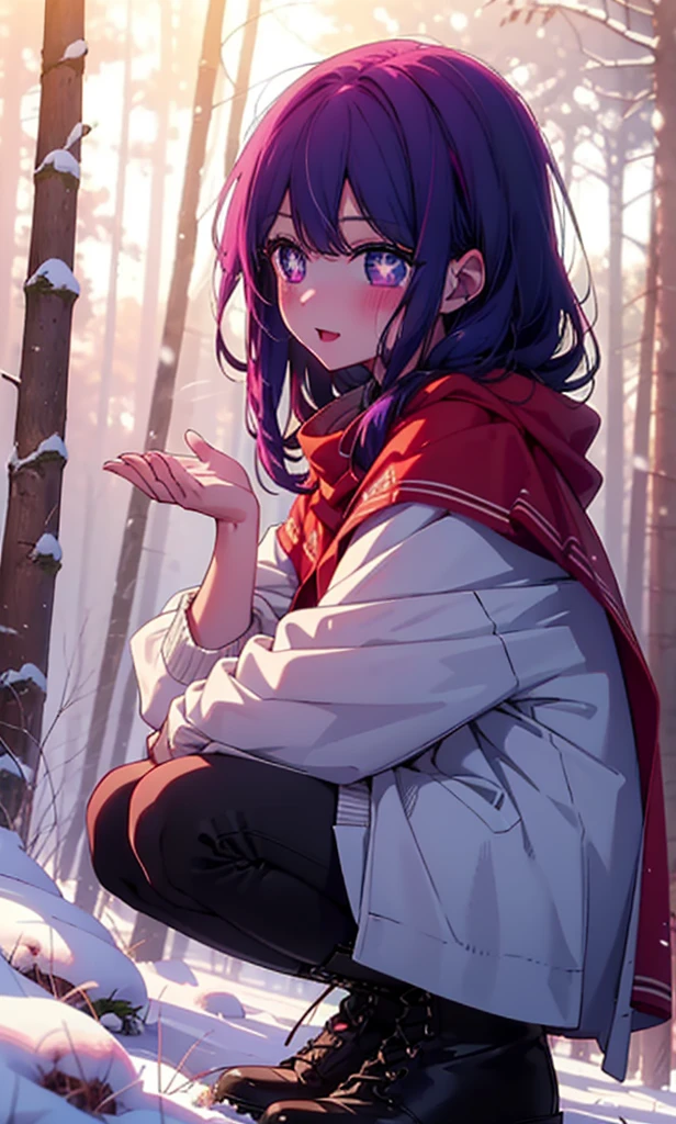 aihoshino, Ai Hoshino, Long Hair, bangs, (Purple eyes:1.1), Purple Hair, (Symbol-shaped pupil:1.5), smile,,smile,blush,White Breath,
Open your mouth,snow,Ground bonfire, Outdoor, boots, snowing, From the side, wood, suitcase, Cape, Blurred, , forest, White handbag, nature, Squat, Mouth closed, Cape, winter, Written boundary depth, Black shoes, red Cape break looking at viewer, Upper Body, whole body, break Outdoor, forest, nature, break (masterpiece:1.2), Highest quality, High resolution, unity 8k wallpaper, (shape:0.8), (Beautiful and beautiful eyes:1.6), Highly detailed face, Perfect lighting, Extremely detailed CG, (Perfect hands, Perfect Anatomy),