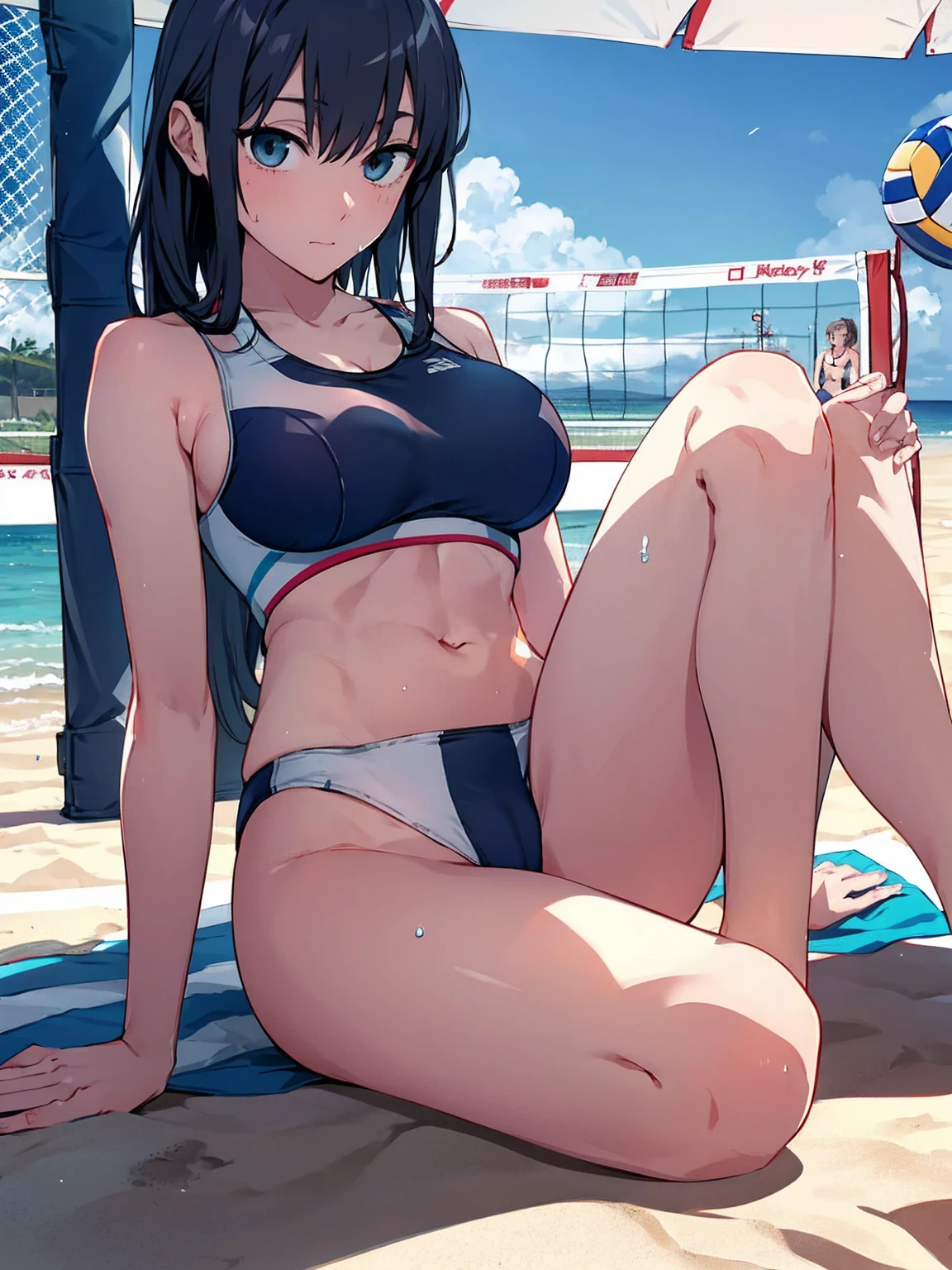 （Sweat, White skin:1.5、Light gray sports bra, ）, cameltoe, Fitness, , ((Beach volleyball swimsuit)),Big Breasts, Sturdy body、lie down, ((Big Eyes in Anime))
