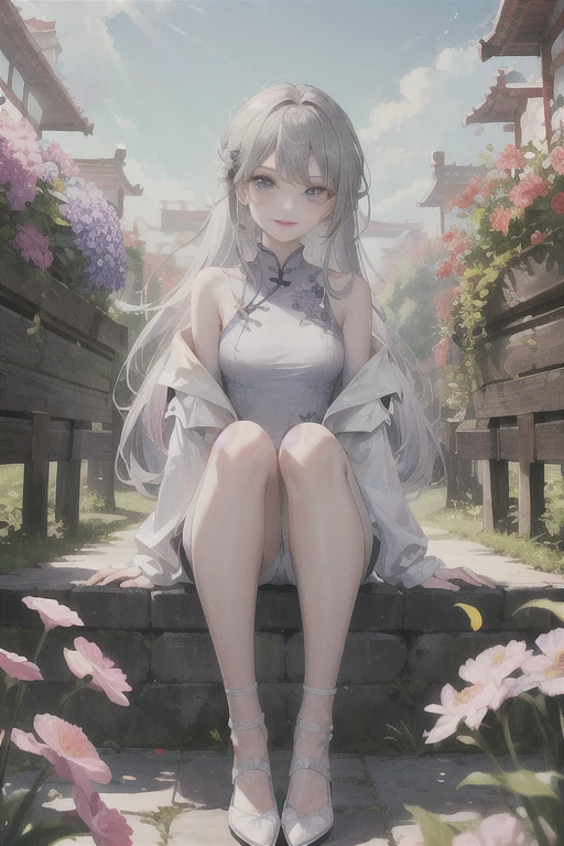masterpiece, Excellent, daytime, outdoor, Falling Flowers, Branches, China人, China, 1 girl, Perfect Woman, Woman with long silver hair, Gray blue eyes, Light pink lips, Serious, ,Purple Eyes, White clothes, , Delicate face, Delicate face, Sitting Legs, Smile