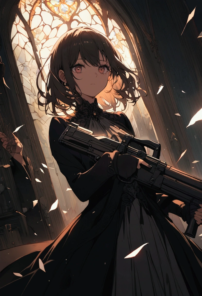 A girl holds a gun and smashes the glass in front of her, Every piece of broken glass reflects the enemy's sinister expression
