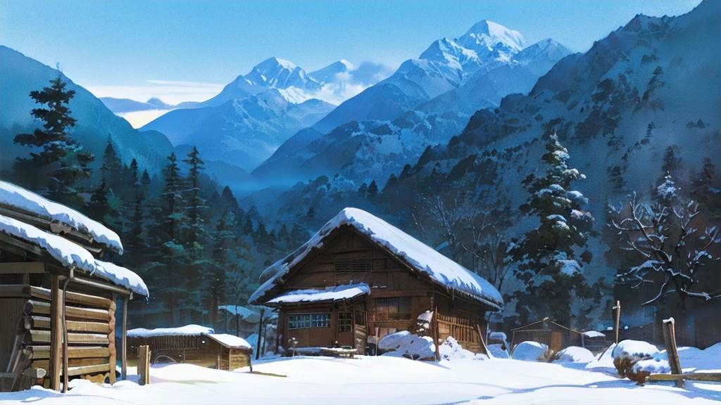 (((high quality))),Nevado mountain scene with a waterfall and a cabin in the foreground, Nevado. por Makoto Shinkai, arte conceitual de inverno, ( ( makoto shinkai ) ), makoto sinkai, Greg Rutkowski Makoto Shinkai, makoto shinkai. —h 2160, Corajoso. por Makoto Shinkai, estilo de makoto shinkai
