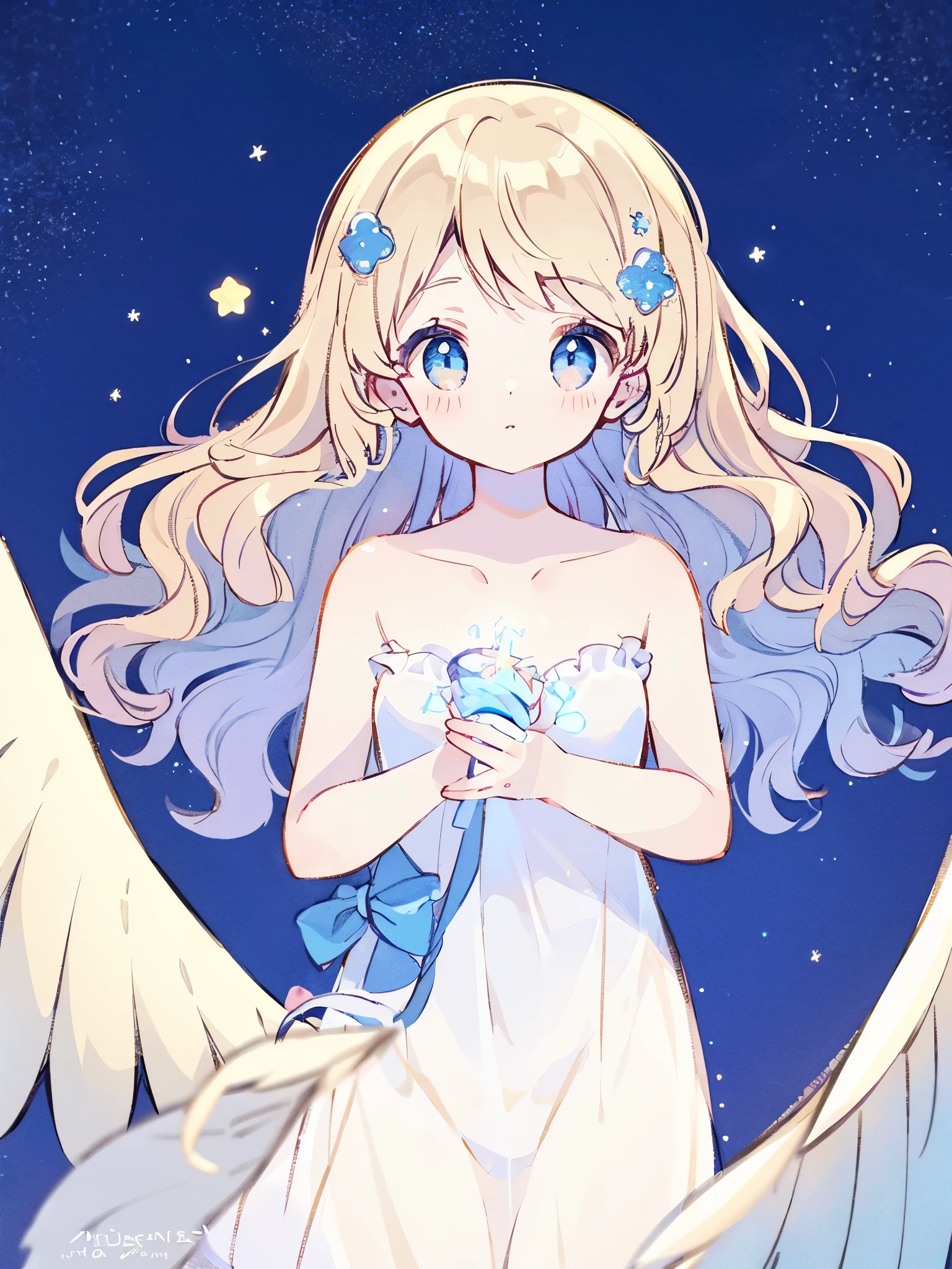 nude angel girl wearing an ethereal translucent dress, pale skin, ((blue mint wavy hair)), white feathers, angel wings, sparkling detailed eyes, golden ratio face, perfect composition, highly detailed, ethereal, (starry night sky background), midjourney style