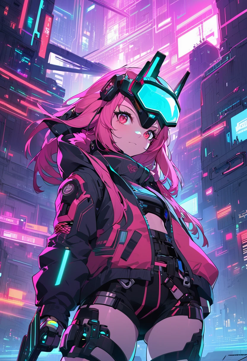 Anime girl with pink hair and a futuristic helmet with lasers, Cyberpunk art inspired by Yanjun Chen, pixiv Contest Winner, Digital Art, Cyberpunk Anime Girl mech, digital Cyberpunk anime art, anime cyberpunk art, Digital Cyberpunk - Anime Art, Cyberpunk Anime Girl, Cyberpunk anime art, female Cyberpunk Anime Girl, Cyberpunk art style, cute Cyborg Girl, Cyborg Girl