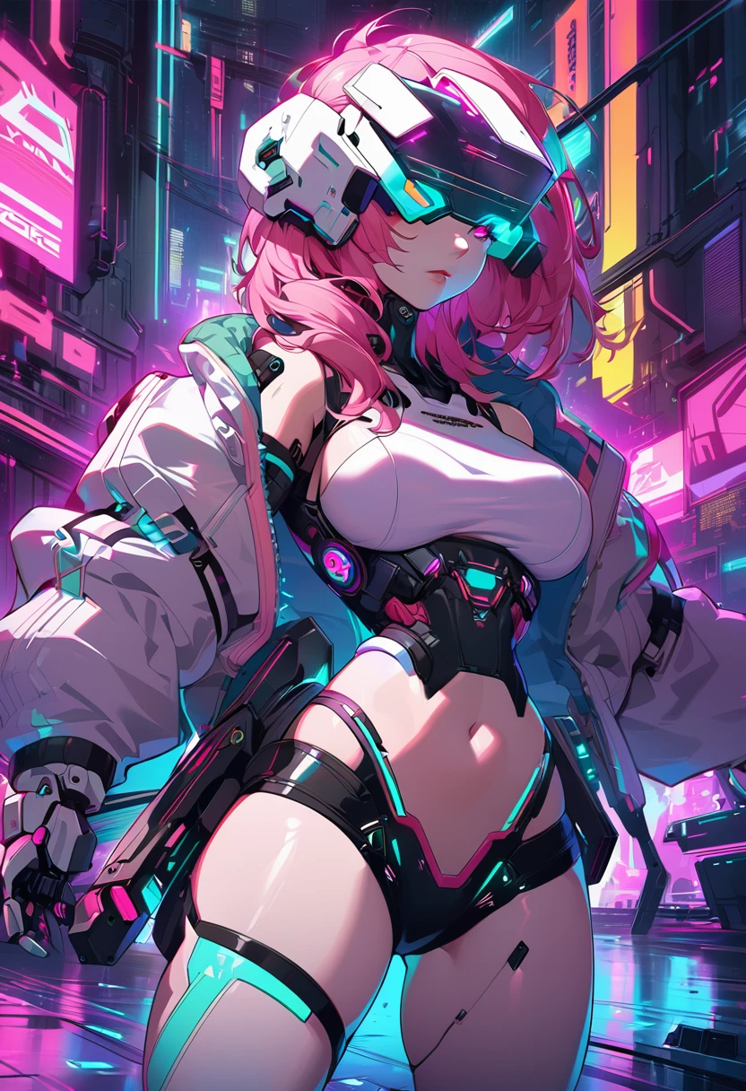 Anime girl with pink hair and a futuristic helmet with lasers, Cyberpunk art inspired by Yanjun Chen, pixiv Contest Winner, Digital Art, Cyberpunk Anime Girl mech, digital Cyberpunk anime art, anime cyberpunk art, Digital Cyberpunk - Anime Art, Cyberpunk Anime Girl, Cyberpunk anime art, female Cyberpunk Anime Girl, Cyberpunk art style, cute Cyborg Girl, Cyborg Girl