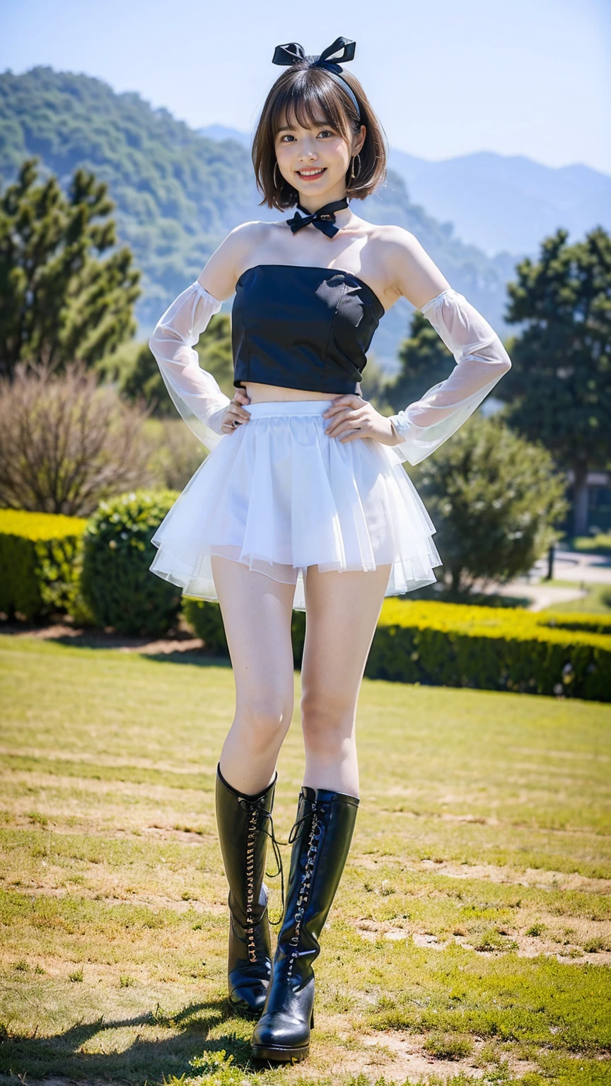 (8K、RAW Photos、Highest quality、masterpiece:1.2)、(Highest quality、Realistic)、1 Girl、((Tube top、mini skirt、Idol Costume、ribbon、Medium Hair、See-through、smile、Silver and Black、Thin legs、whole body、boots、garden、View from the front、Looking into the camera、Stand with hands on hips))、cute