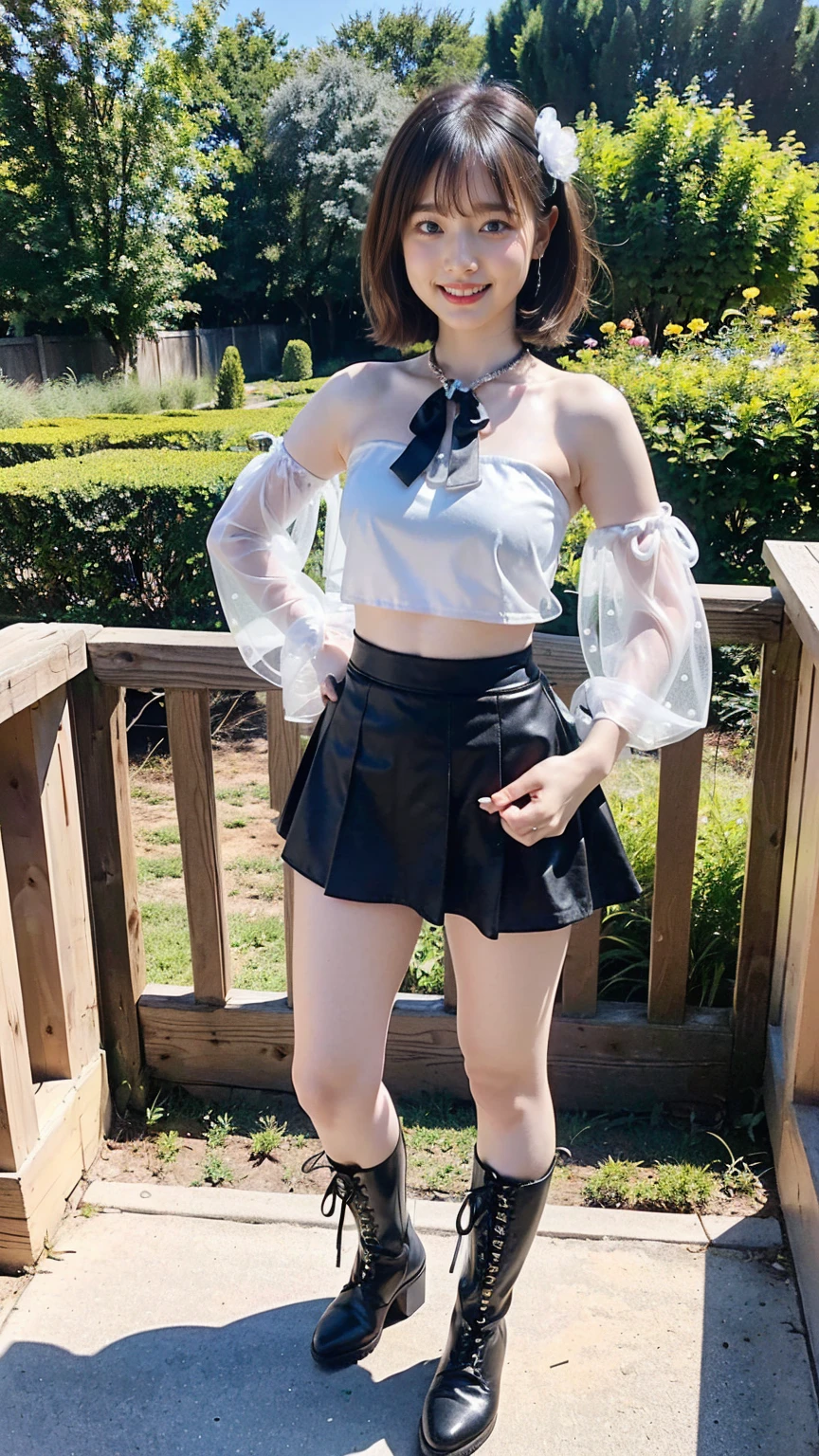(8K、RAW Photos、Highest quality、masterpiece:1.2)、(Highest quality、Realistic)、1 Girl、((Tube top、mini skirt、Idol Costume、ribbon、Medium Hair、See-through、smile、Silver and Black、Thin legs、whole body、boots、garden、View from the front、Looking into the camera、Stand with hands on hips))、cute