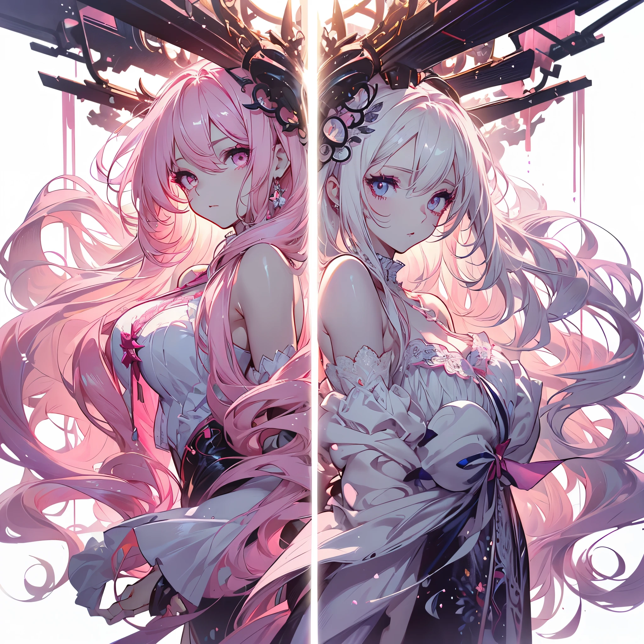 ((masterpiece, best quality)), Delicate face,Bunny Girl,Full body painting,Perfect body proportions,Long legs,((Long wavy hair)), ((Half of her hair is white,The other half is pink,Available in two colors)),beautiful eyes,Fantasy style,White background,Rose,transparent,Sexy bikini,Lace,Garter