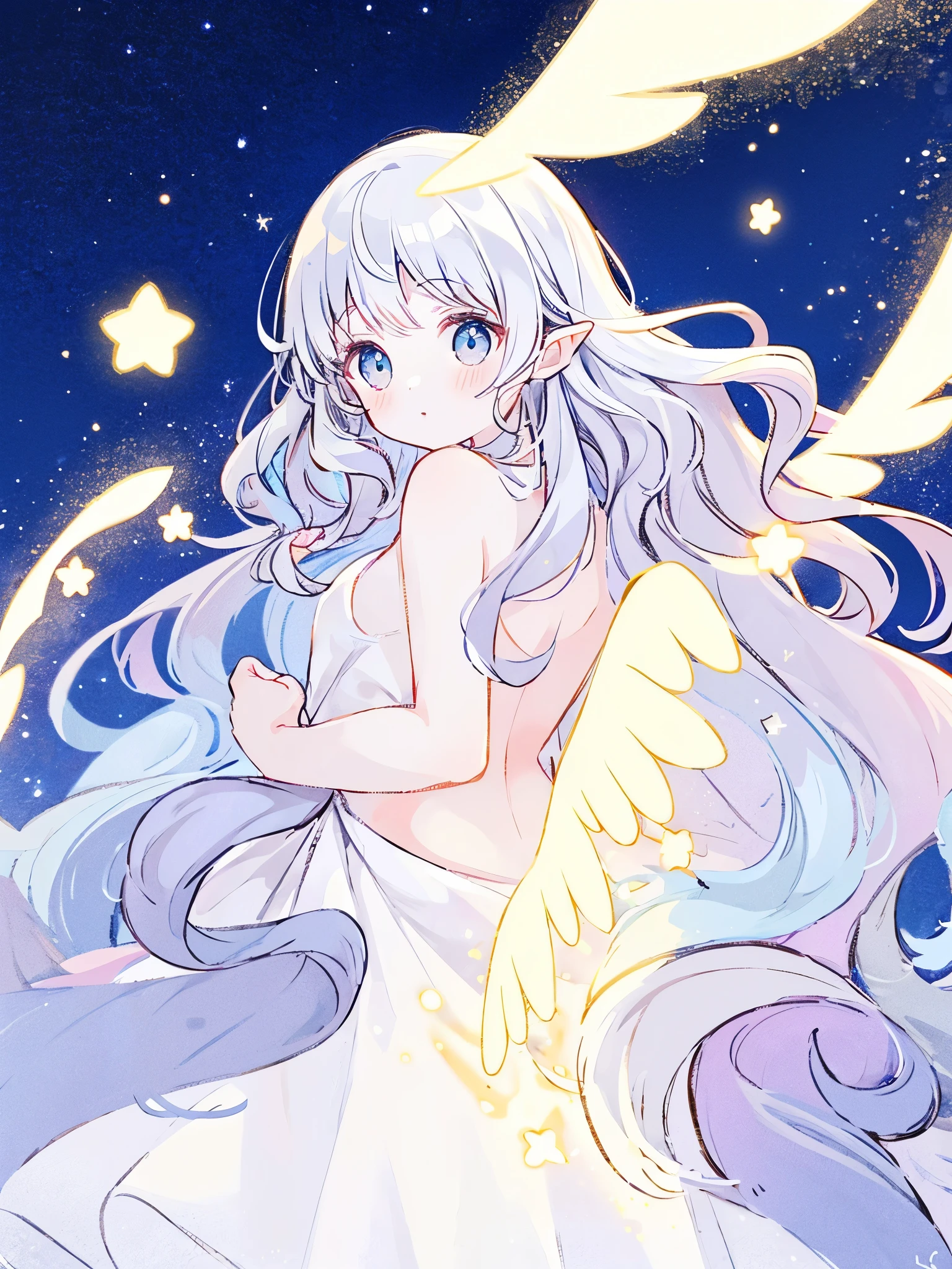 nude angel girl wearing an ethereal translucent dress, pale skin, ((blue mint wavy hair)), white feathers, angel wings coming from her back, sparkling detailed eyes, golden ratio face, perfect composition, highly detailed, ethereal, (starry night sky background), midjourney style