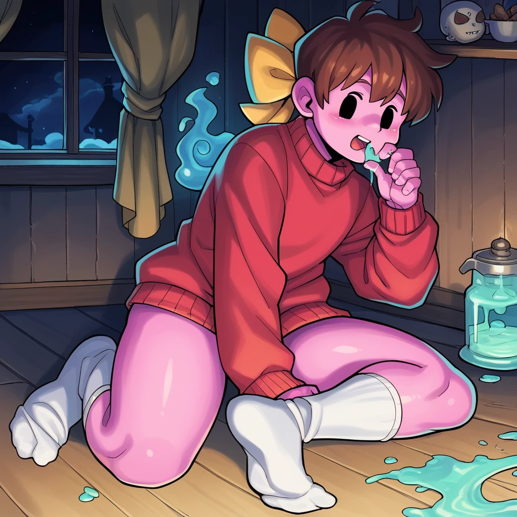 PDXL, score_9_superior, score_8_superior, score_7_superior, Highest quality, masterpiece, sauce_anime, Dark Background, indoor, Dim lighting, Old house, night, Detailed Background, Break 1 Boy, alone, Bobby_(/Noill/), Dot Eye, Ghost, Ghost boy, Brown Hair, Pink Skin, Pink body, Brown Hair, bow, Red sweater, socks, View your viewers,
