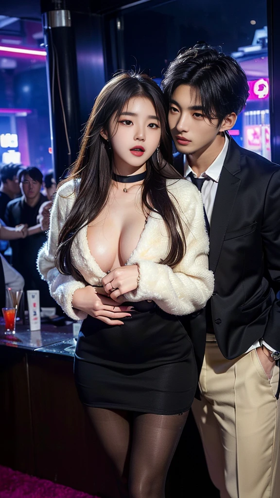 (((NFSW : 1.2))), (((pornography))), (realistic), (intricate details:1.2), (masterpiece、:1.3), (top quality:1.4), (Ultra A high resolution:1.2), Ultra A high resolution, 8K resolution, very detailed expression, dark, (high quality), complete anatomy, natural anatomy, full body photo, (1 korean Girl being caress by 2 korean men at night : 1.6), she is 21 years old, (call girl:1.5), (prostitute: 1.5), (she is korean:1.6), (beautiful : 1.4), (Dyed fancy colored hair banging), (big earrings), heavy makeup, Confusing wording, choker necklace, long legs, (a girl weared slim feminine dress and pantyhose. : 1.4), (a girl weared strappy high heels :1.4), (a girl is wearing a fur jacket :1.4), (2 men being weared t shirts and training pants : 1.3), (2 men are the house's owner : 1.4), glowing skin,(eye contact each other :1.4), (the men tie up her arms behind back:1.4), (((orgasm : 1.4))), (((moaning : 1.2))),(She being caught and sexually harassed by 2 men : 1.5), (she be forcibly raped by 2 men : 1.5), violated by them, She can not resist holding her arms grabbed by men., his dicks are being inserted into her pussy and anal., a man tighten her panty, a man tears off her pantyhose to explore her pussy, grabed ass, (The men grabbed her thighs.), caress, fondle, (lobby of nightclub : 1.6), (detailed background:1.2),(She has fun with several Korean men : 1.4),