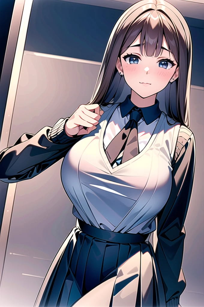 Simple White Background,
(Grey_vest:1.3),school_uniform,white_collared_shirt,sleeves_rolled_up,Blue_necktie,pleated skirt,
ear_piercing, earrings, jewelry,
light_brown_hair,Blue_Eyes,Bangs,long hair ,
1 girl, 20yo,Young female,Beautiful Finger,Beautiful long legs,Beautiful body,Beautiful Nose,Beautiful character design, perfect eyes, perfect face,expressive eyes,perfect balance,
looking at viewer,(Focus on her face),closed mouth, (innocent_big_eyes:1.0),(Light_Smile:0.3),
official art,extremely detailed CG unity 8k wallpaper, perfect lighting,Colorful, Bright_Front_face_Lighting,White skin,
(masterpiece:1.0),(best_quality:1.0), ultra high res,4K,ultra-detailed,
photography, 8K, HDR, highres, absurdres:1.2, Kodak portra 400, film grain, blurry background, bokeh:1.2, lens flare, (vibrant_color:1.2),professional photograph,
(Beautiful,large_:1.4), (beautiful_face:1.5),(narrow_waist),