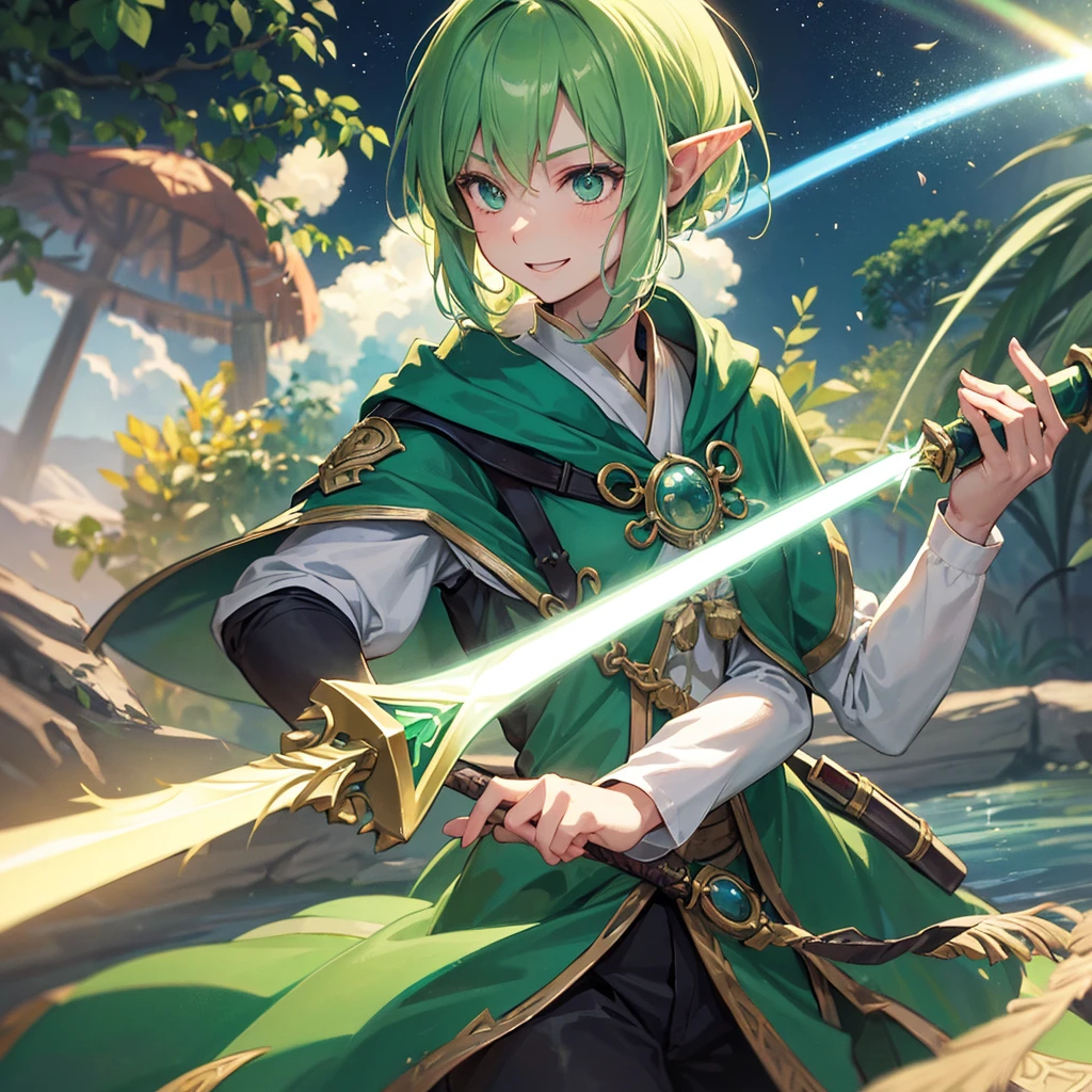 Elven Swordsman（Green semi-long）,Magic Swordドを持っている（Magic Sword ,Lightsabre）tropical（Tavern　Rainbow light swirling　magic circle）、smile

