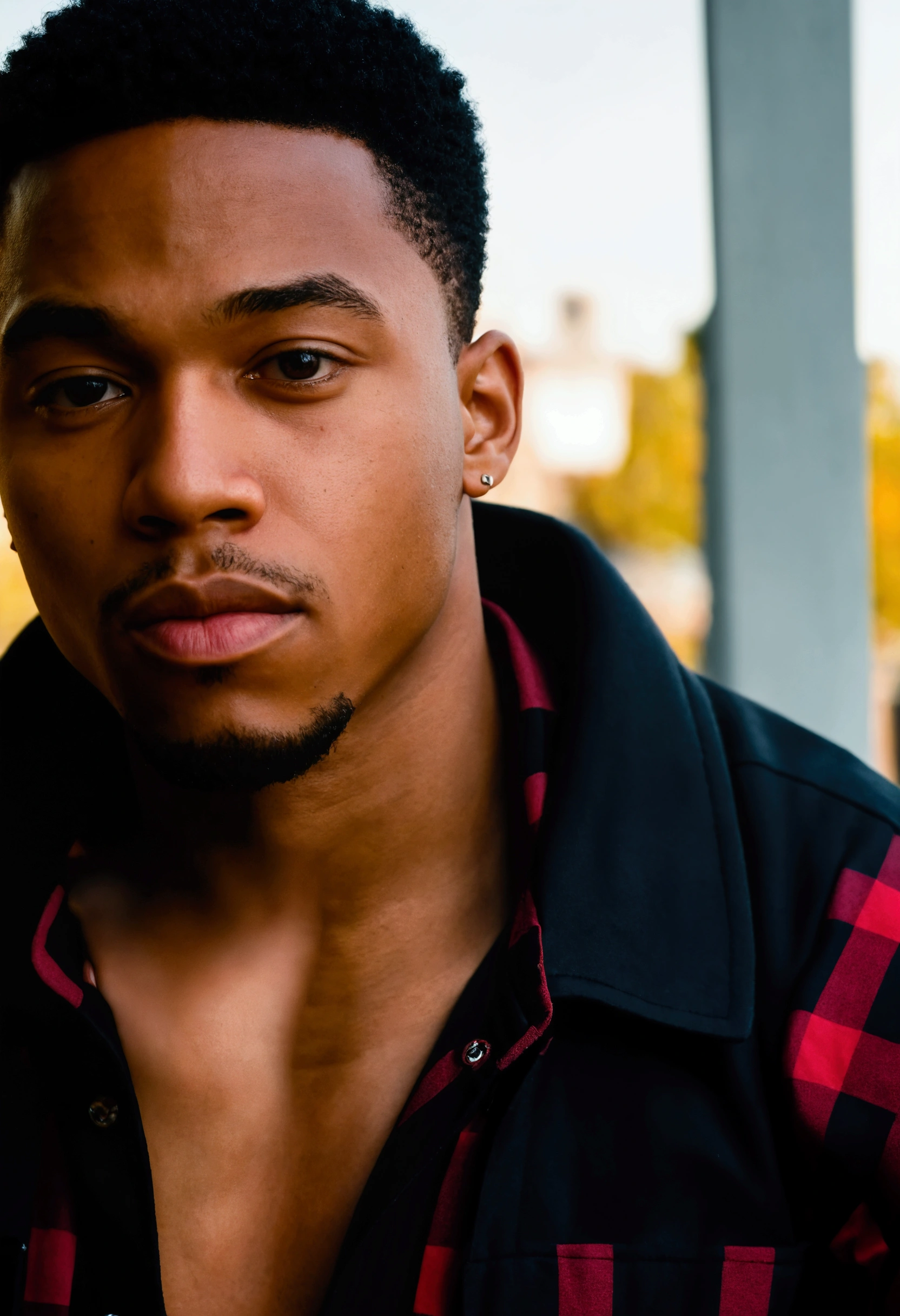 arafed man with a black and red shirt and a black jacket, closeup headshot portrait, closeup headshot, acting headshot, handsome hip hop young black man, photo in style of tyler mitchell, handsome male, cinematic headshot portrait, headshot photoshoot, close - up portrait shot, beautiful young man, headshot portrait, closeup portrait shot, strong masculine features
