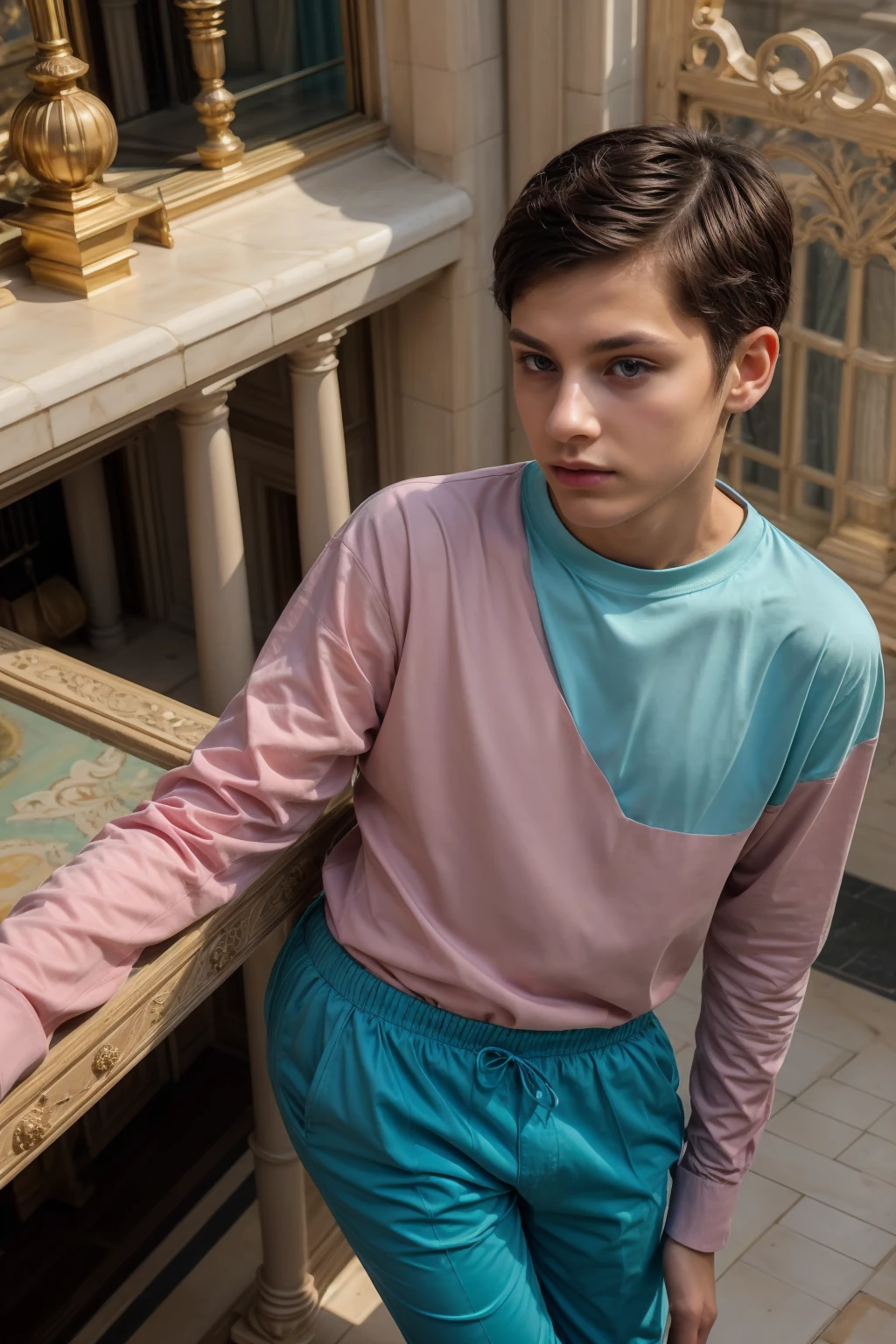 A cute male twink with a make-up face and black hair, wearing a long-sleeved pink shirt and aqua blue pants. He is in the royal palace and appears from the top of the window.