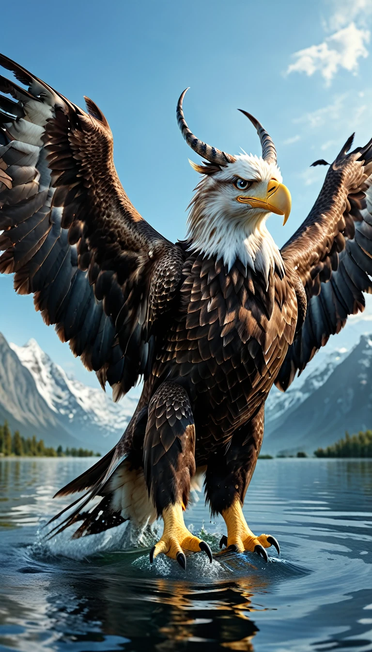 Panorama，There is a beast on the water，Looks like an eagle，The head has double horns（best quality，4K，8K，High level，masterpiece：1.2），Ultra Detailed，（lifelike，Photo real，Photo real：1.37），Highly detailed animals，Complex patterns，Realistic lighting，Fantasy Creatures