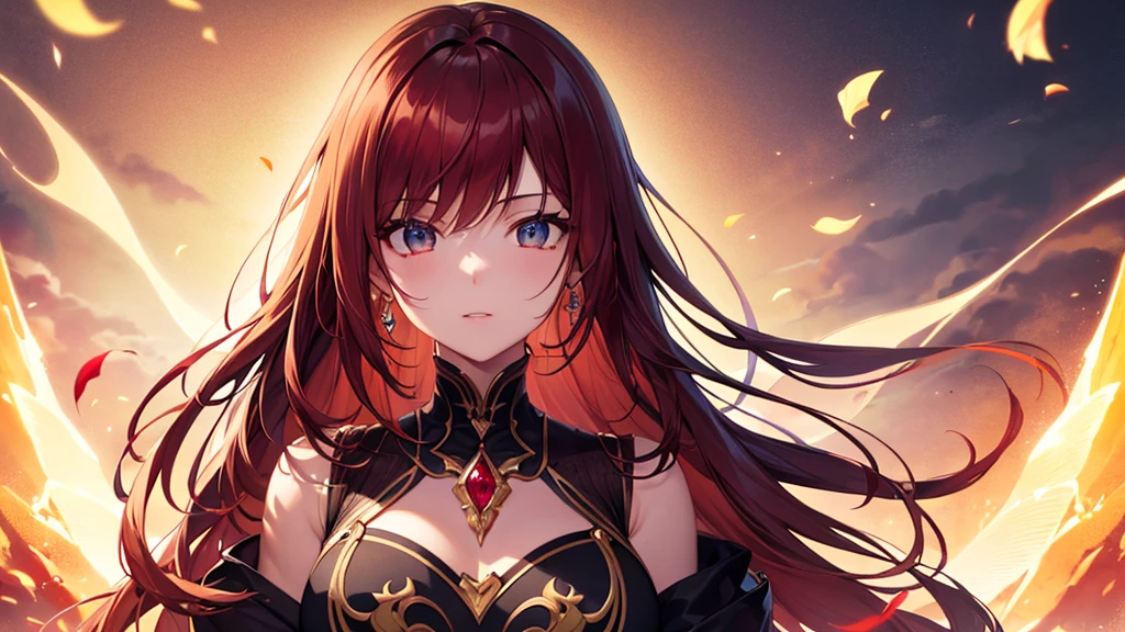 Highest quality, 8K, 4K, High resolution, High Contrast, The upper body is visible,1girl,only,Beautiful and colorful hair,(Beautifully detailed face), Clear Eyes, beautiful eyes, Slanted Eyes,20generation, Beautiful breasts, Imagine a garnet, god々New Fire Magic, Based on red, gem