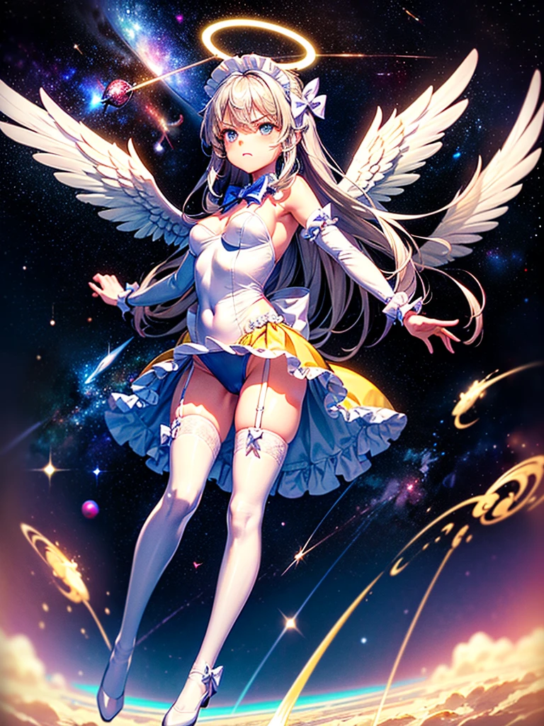 Highest quality,Highest Resolution,Beautiful girl with angry face in maid leotard,Frills,High leg,(((Floating in the air))),Halo,(((universe space))),Milky Way,meteor,Very beautiful eyes,(((White angel wings on the back))),whole body,long hair,(((Shoot a bow))),Knee-high stockings,Floating in the air,