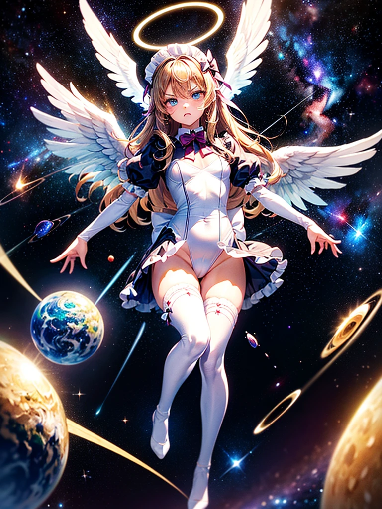 Highest quality,Highest Resolution,Beautiful girl with angry face in maid leotard,Frills,High leg,(((Floating in the air))),Halo,(((universe space))),Milky Way,meteor,Very beautiful eyes,(((White angel wings on the back))),whole body,long hair,(((Shoot a bow))),Knee-high stockings,Floating in the air,