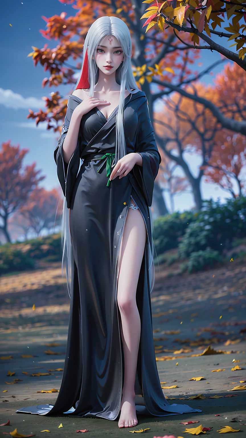 Wearing a black dress, Beautiful and charming anime woman, Popular on cgstation, Beautiful goddess, glamorous 蒂法 lockheart, Japanese Goddess, Realistic anime girl rendering, Anime Goddess, Beautiful fantasy queen, Attractive anime girl, ，(((White long hair)))，(((Green eyes))，((Black robe))，((Place one hand on your chest))