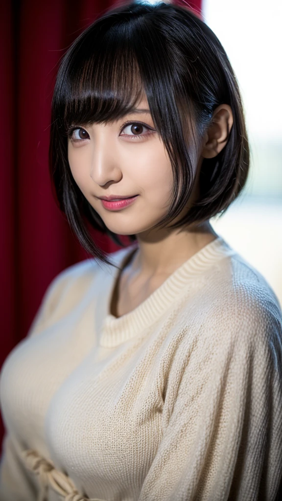 20-year-old, 8K, RAW Portrait (Japanese Girls), photo Realistic, Ultra-high resolution, Highest quality, Actual photo , dramatic, Atmospheric, Realistic,
One girl, a very beautiful Japanese Girls, Glamorous shot of a girl, smile,Bobcut,Textured skin, , lips,Big and beautiful eyes,cowboy shot, Beautifully detailed nose, sweater,Big Breasts,View your viewers, 
