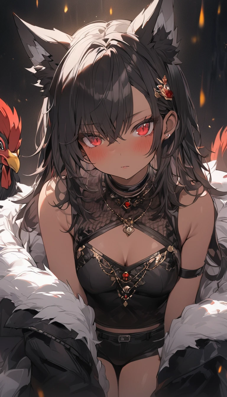 (fur art:1.4), (masterpiece, Highest quality:1.2), (figure:1.0), (Black Top:1.4), (night_environment), (Red eyes:1.6), (Super detailed:1.2), (1girl, alone), (Wolf_girl, 毛深いPersonification:1.6), (Personification_feminine_dog:1.2), (Black fur, Dark Skin:1.5), (Medium chest), (Black Hair:1.4), ((Black Rooster)), (shy_girl:1.2), Hair length, (Portraiture:1.2), hot pants 